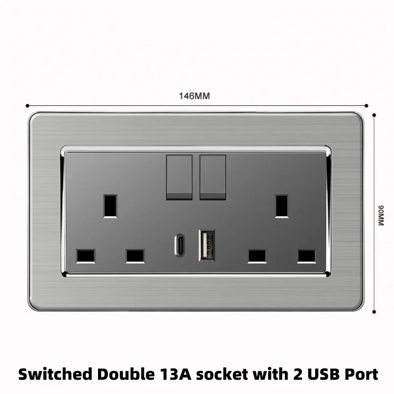 회색 스테인레스 스틸 금속 영국 13A 벽 220V 전등 스위치(전기 소켓 포함), 스마트 Type-c 고속 충전 벽 USB C 소켓