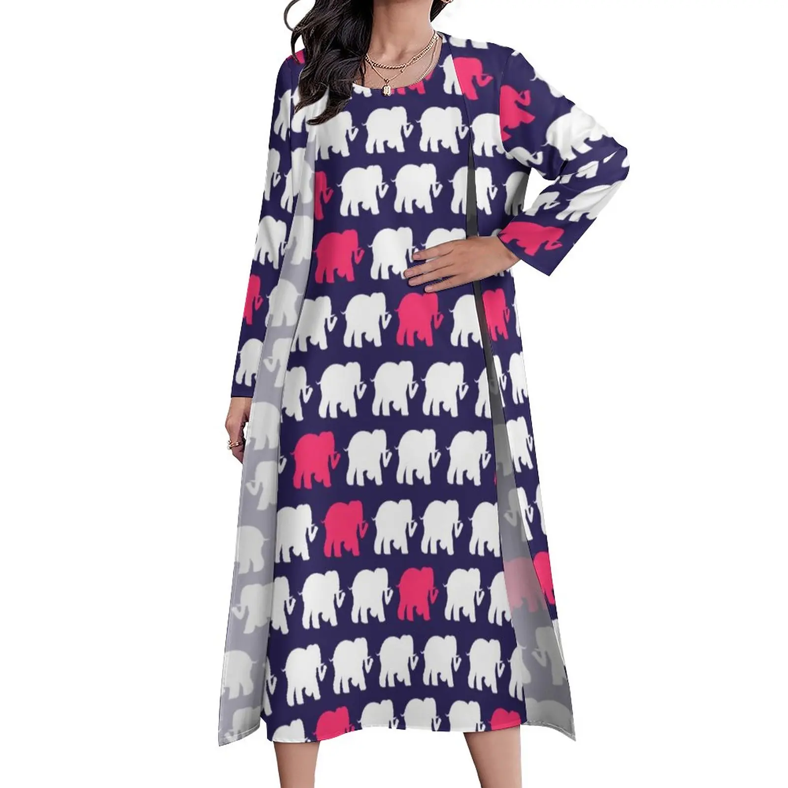 

Elephant Art Dress Long Sleeve Blue and Pink Elephants Design Streetwear Bohemia Long Dresses Female Maxi Dress Birthday Present