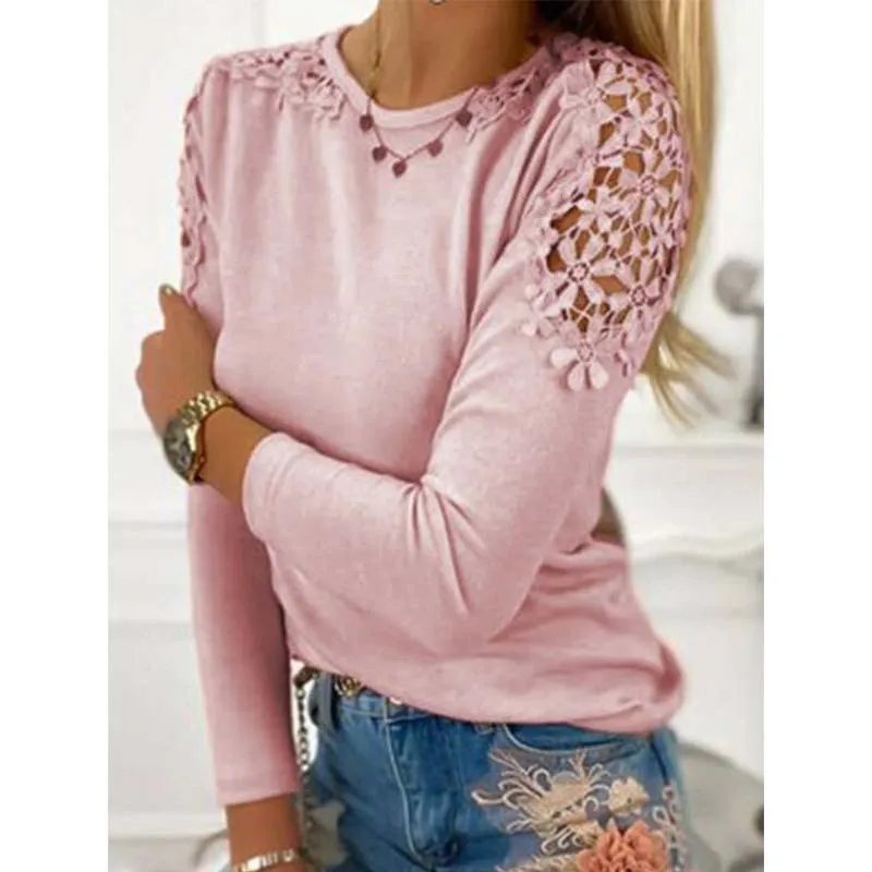 

Spring Autumn Women Solid Slim Lace Hollow Long Sleeve T-shirt Y2k Fashion Woman Blouse Round Neck Crop Top