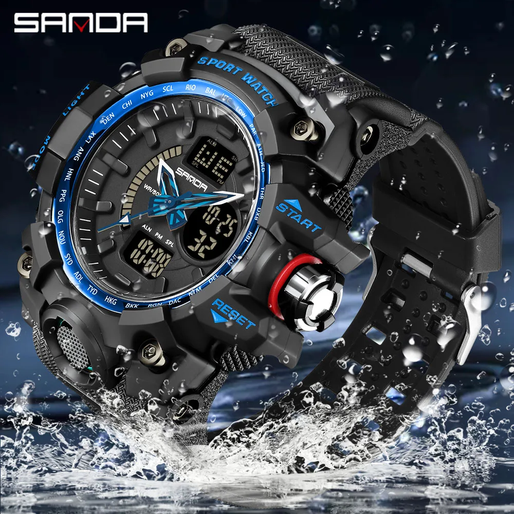 golden Sport Watch SANDA Brand Watches LED Digital Wristwach Multi-functional Men Clock Led Stopwatch S Shock Sport Watch 3132