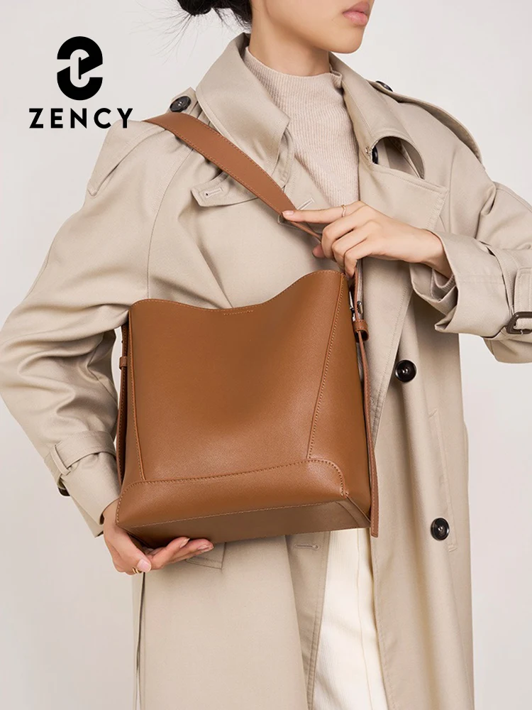 Zency New Split Leather Casual Shopper Shoulder Bag Commuter Large Bucket Handbag Simple High Quality Women Tote Underarm Bag 2
