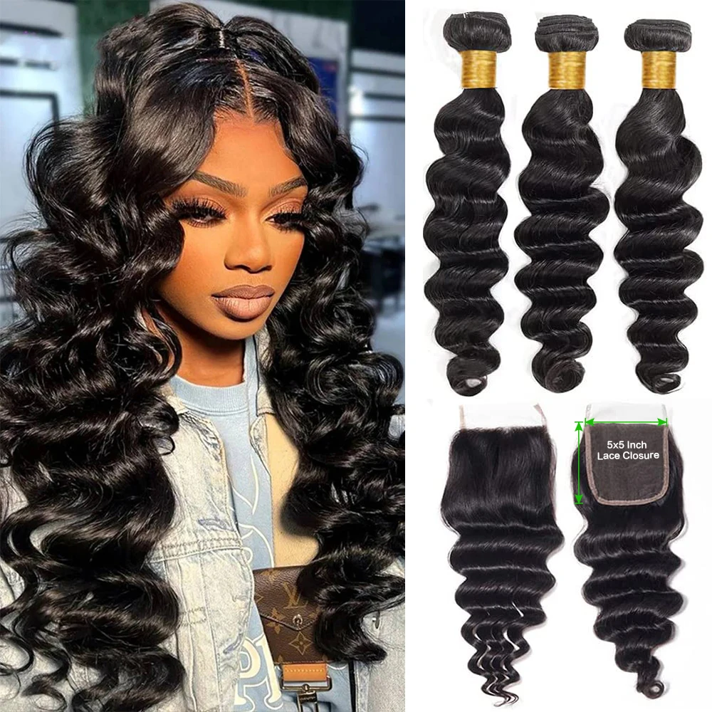 Brazilian 100% Human Hair Weave Bundles With Frontal HD 5x5 Lace Closure With Bundles Loose Deep Wave Hair Extensions For Girls