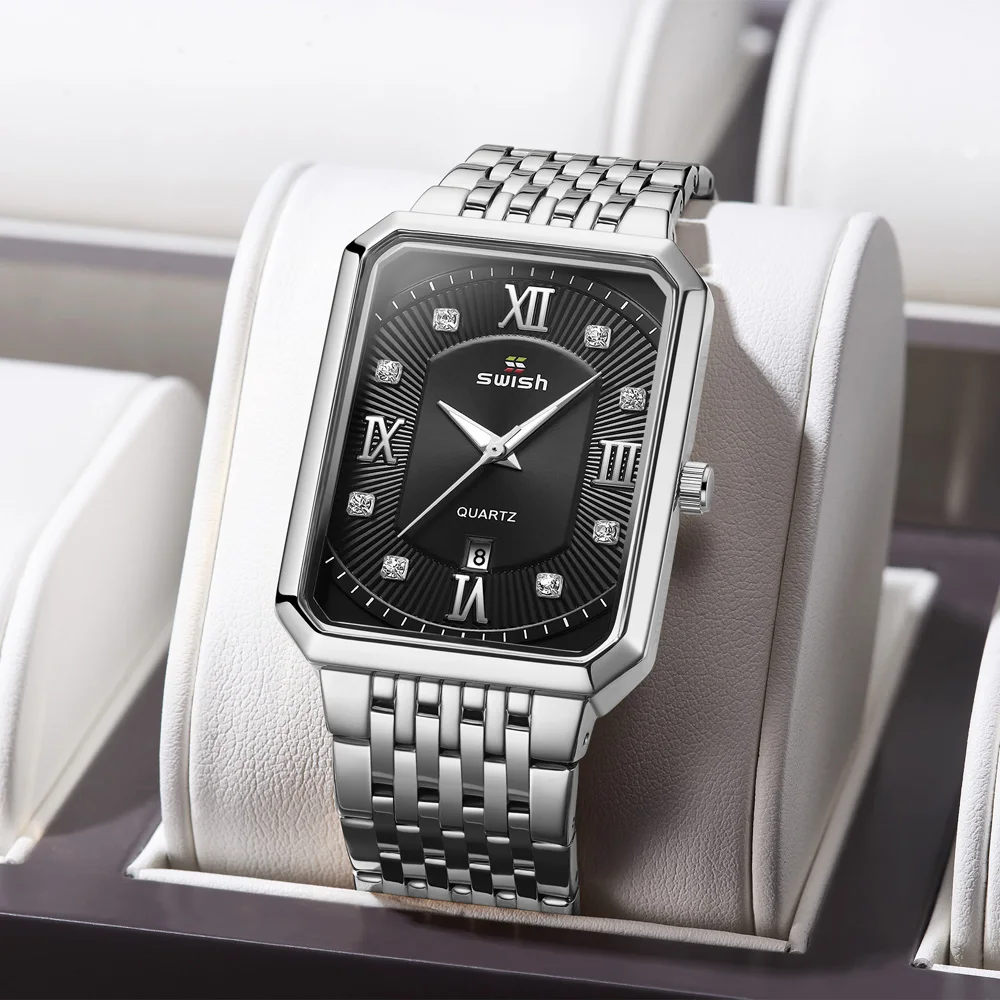 Swish Simple Watch for Men Dress Business Quartz Rectangle Wristwatch Black Face Butteryfly Clasp Date Clock Top Brand