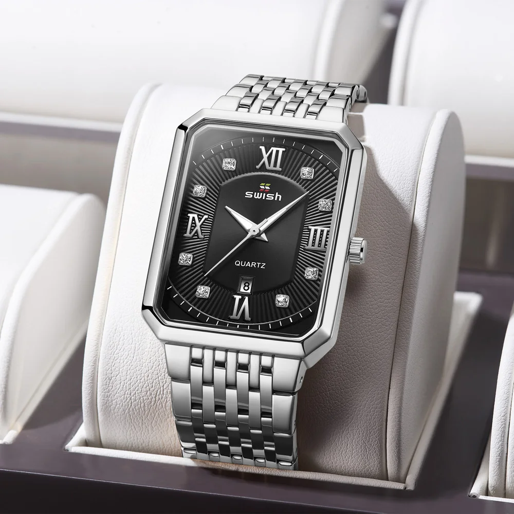 Swish Top Silver Quartz Watch for Man Roman Index Date Rectangle Case Sport Wristwatch Relogio Masculino Waterproof