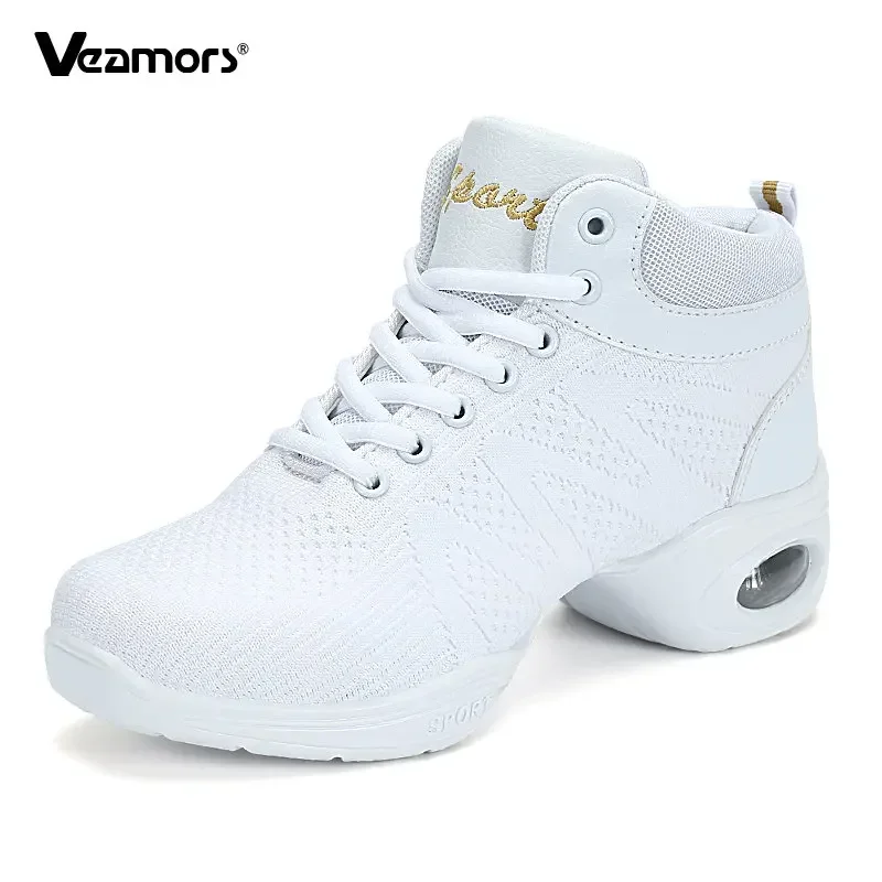 Women PU Soft Outsole Sneakers Comfortable Dance Shoes Breath Woven Mesh Modern Jazz Sports Feature Dance Sneakers