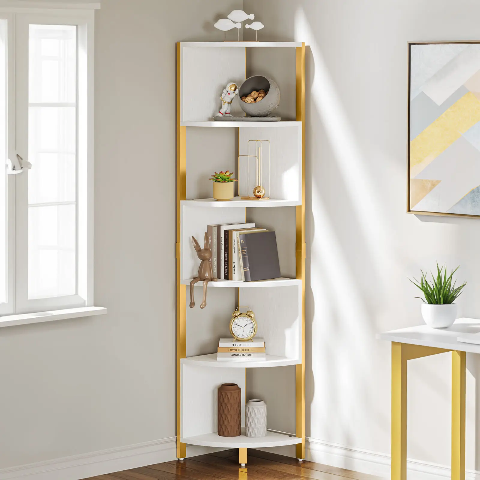 

5 Tier Corner Shelf Bookcase Bookshelf Open Small Book Shelves for Living Room