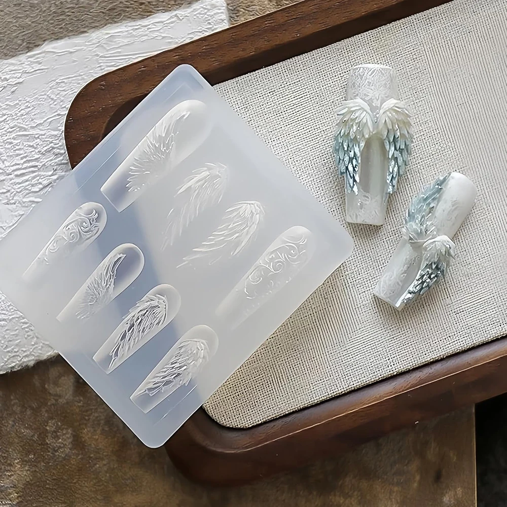 3D 천사 날개 네일 아트 실리콘 몰드 8가지 디자인 깃털 날개 네일 참 몰드 재사용 가능 DIY 도구 (UV 젤 아크릴 레진용)