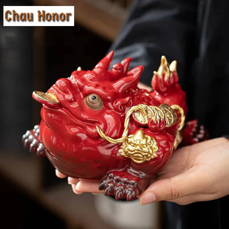 Retro Golden Toad Statue Zisha Yixing Copper Cash Tea Pet Lucky Tea Figurine Ornaments Raise Tea Set Decoration Accessories Gift
