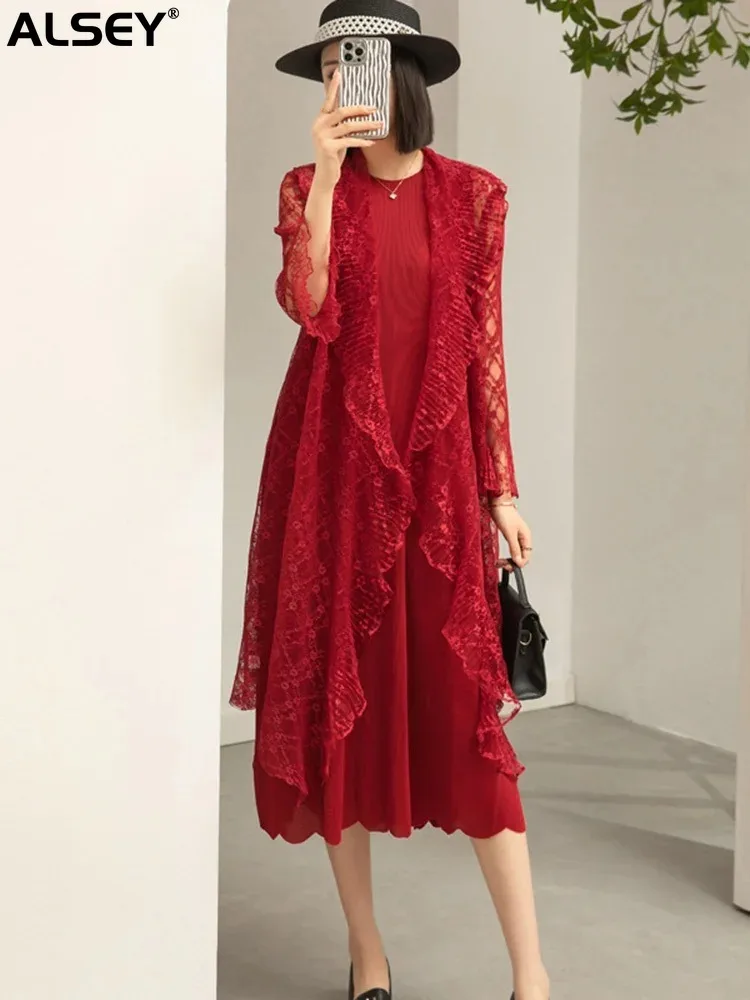 

ALSEY Miyake Pleated Two Pieces Set Women Spring New Round Neck Sleeveless Dress and Plaid Transparent Lace Shawl Party Clothing