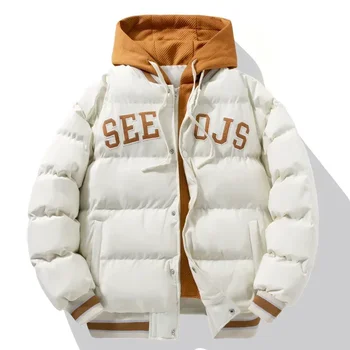 2024 Winter Baseball Jacket Harajuku Fake 2 Pct Design Thick Down Cotton Padded Coat Streetwear Loose Cold-proof Hooded Coat 1