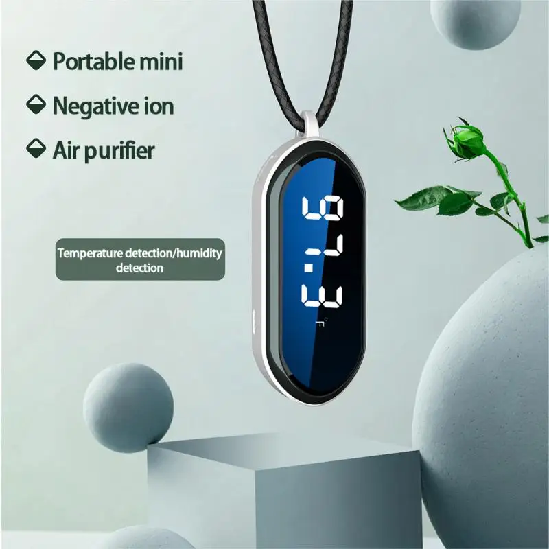 

Mini Portable Wearable Air Purifier Necklace Air Freshener Ionizer Negative Ion Generator Remove Temperature Humidity Sensor