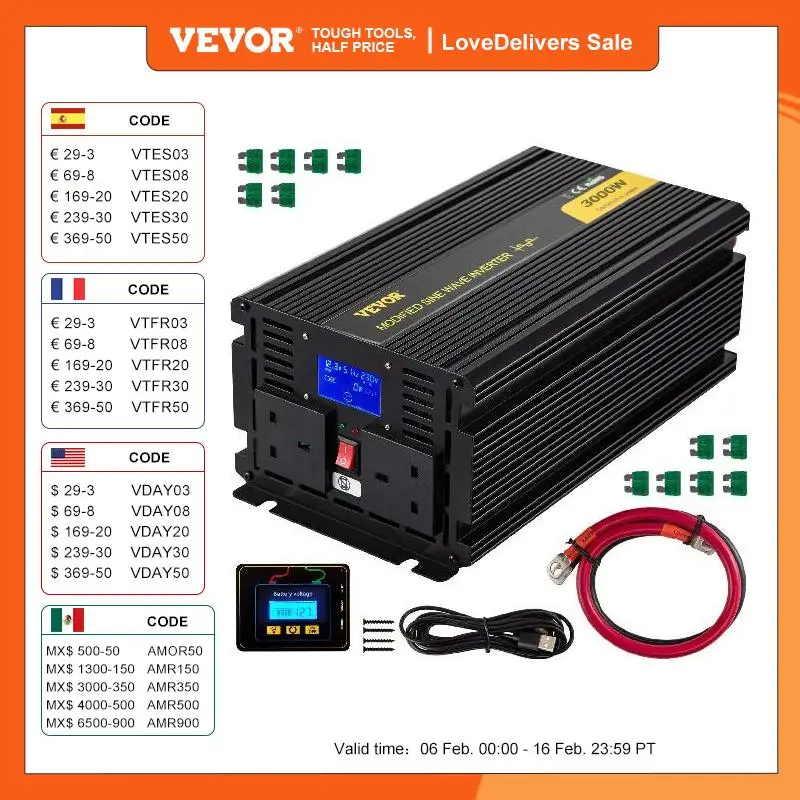 Vevor Inverter A Onda Sinusoidale Modificata Dc 12V A Ac 240V / Dc 24V A Ac 240V Schermo Lcd In Lega Di Alluminio E Indicatori Led Per L'Alimentazione
