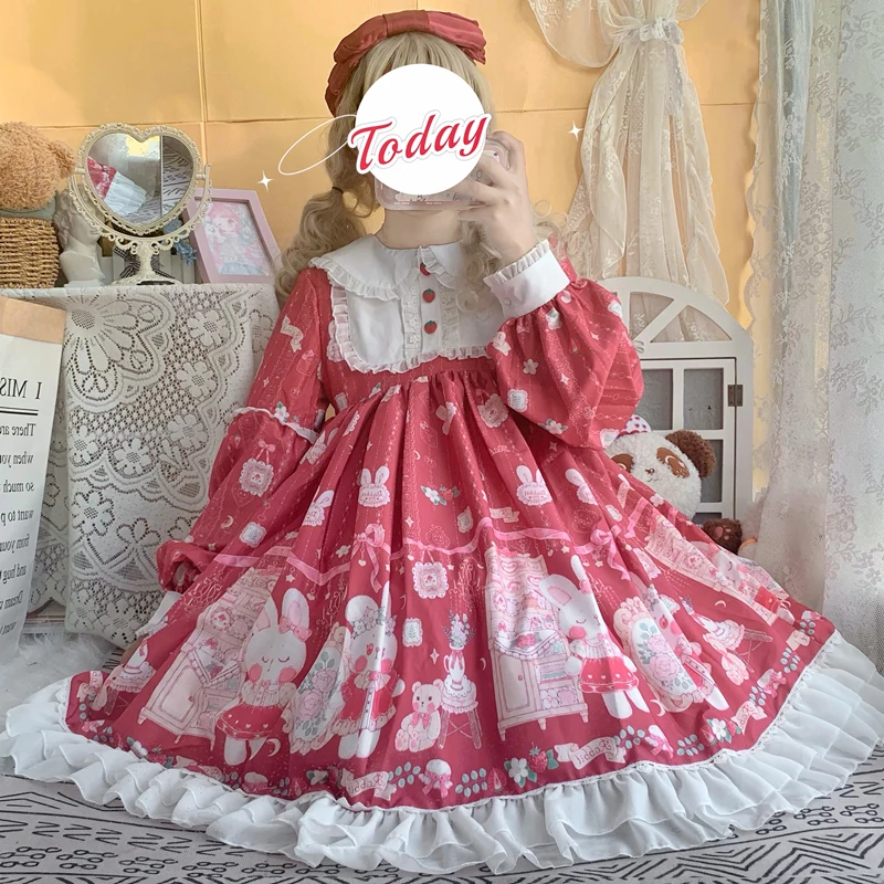 

Japanese Cute Lolita Lolita Princess Kawaii Doll Collar Tea Party Op Long-sleeved Dress Women Autumn Winter