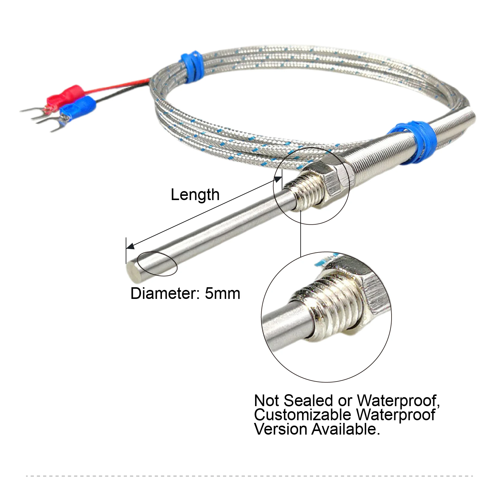 K type thermocouple probe M8 threaded high temperature up to 600°C stainless ste