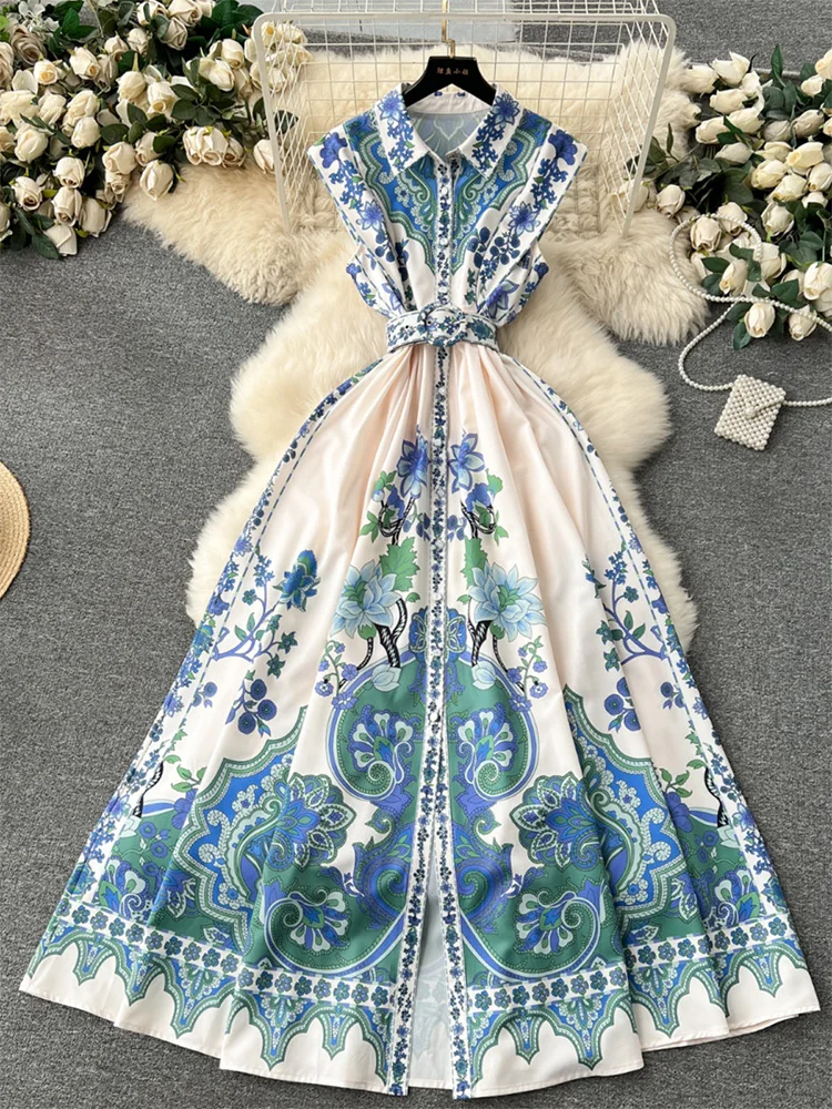 

Elegant Party Dresses For Women 2024 Vintage Print Holiday Long Dress Lapel Collar Sleeveless Vacation Summer Dress With Belt
