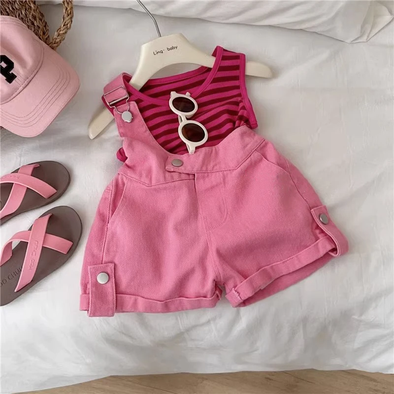Cute Girls Summer Clothes Set Stripe Tank Top Overall