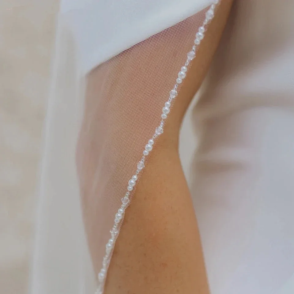 1 Tier Wedding Veil Elegant Beaded Edge Crystal Pearls Beads Edge Veil Ivory Long Bridal Veil With Comb Custom Cathedral Veil