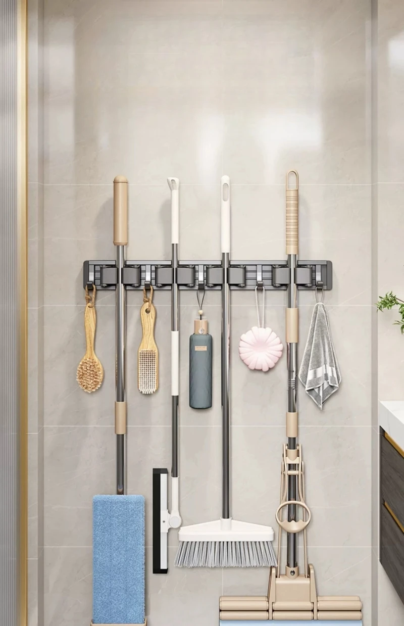 Description Picture 2 of itemMulti-Purpose Hooks Mop Rack Wall-Mounted Mop Storage Box Broom Hanger Hook Bathroom Waterproof Wall Aluminum Alloy Bore Hook