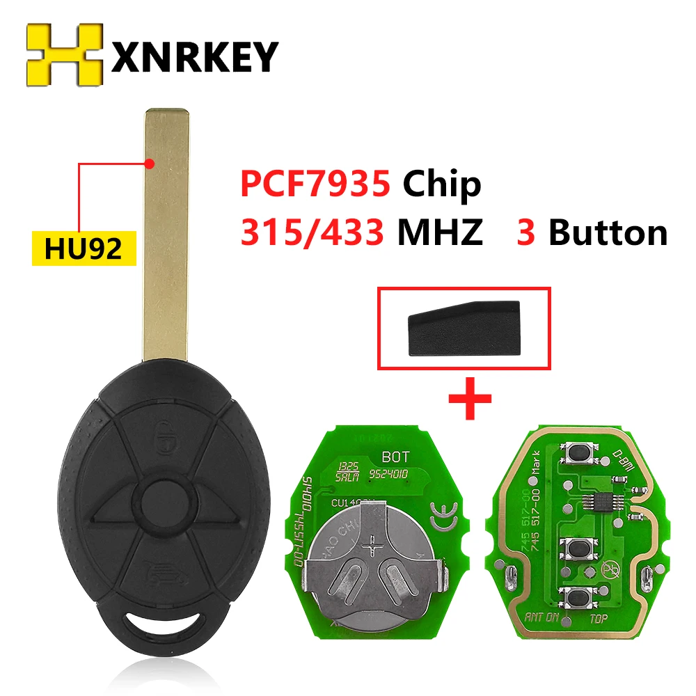 XNRKEY 3 Button EWS Car Remote Key ID44 Chip 315/433Mhz With Uncut Blade for BMW Mini Cooper S R50 R53