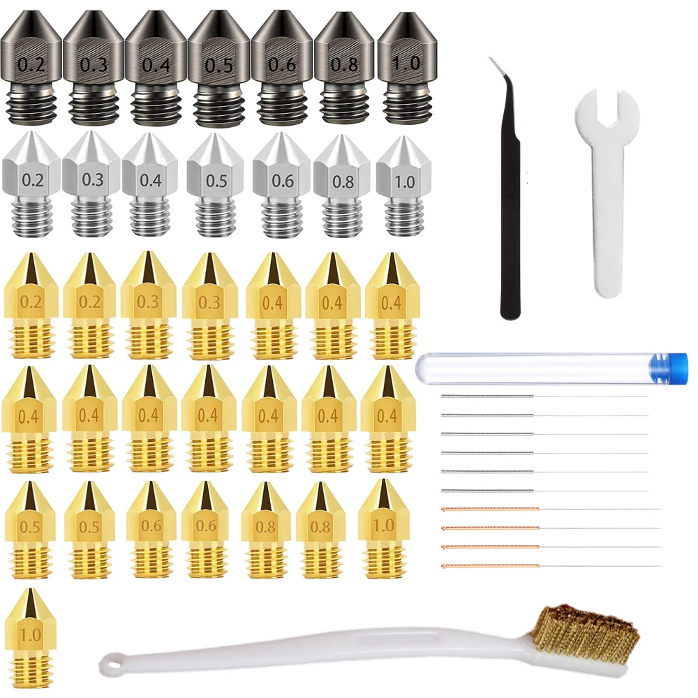 49PCS/Lot Mixed 1.75mm MK8 Brass Hardened Stainless Steel Nozzle Extruder For Anet A8 A8Plus Ender 3 3S Pro V2 CR10 3D Printer 3d printer parts e3d v6 hardened steel nozzles 0 2 0 3 0 4 0 5 0 6 0 8mm 1 75mm m6 thread nozzle for prusa i3 cr10 ender 3 pro