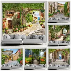 Outdoor Garden Poster Mediterranean Landscape Botanical Flower Tapestry Living Room Bedroom Background Wall Hanging Art Decor