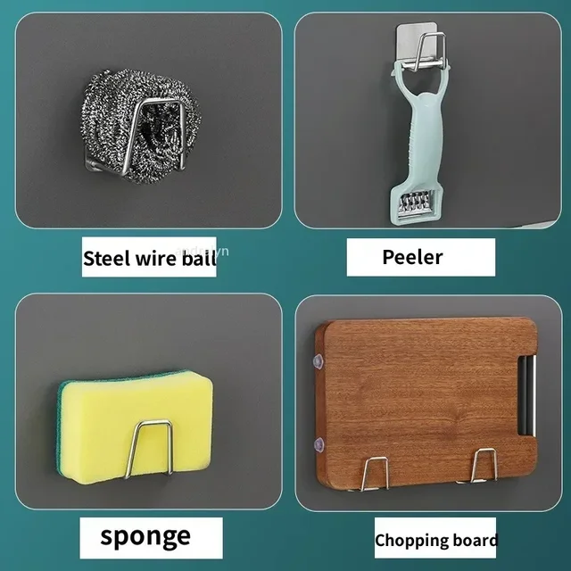 Porte-éponges de cuisine en acier inoxydable, épis d'évier, égouttoir, support de rangement auto-adhésif, crochets muraux, organisateurs de cuisine 4