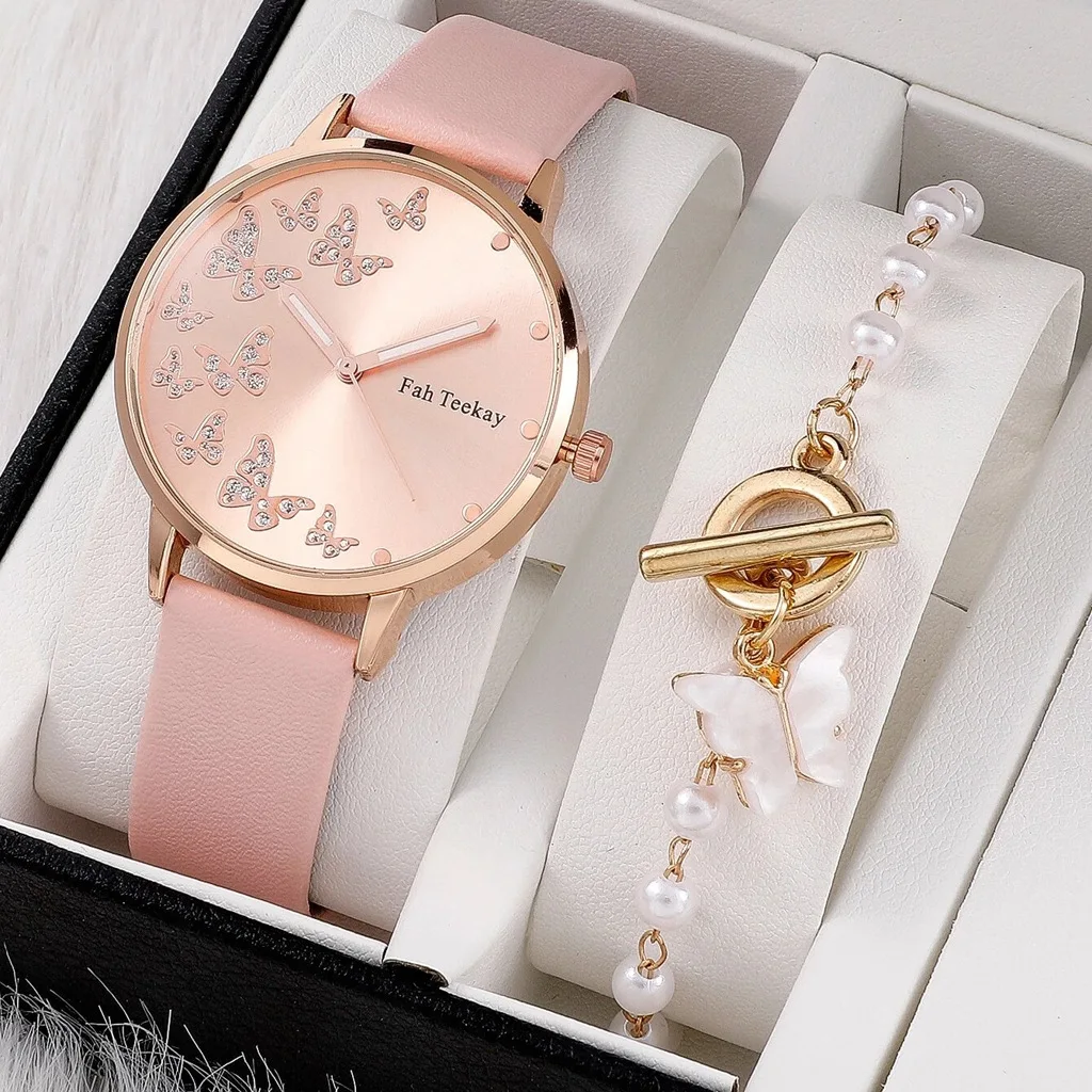 2pcs/set fashion Butterfly pattern rhinestone pu leather women wrist watch 2