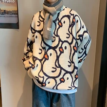 

Harajuku Retro Duck Print Knitted Sweater Men Top Autumn Couple Clothes Student Jumper Long-Sleeved Kpop Pullover Korean Fashion