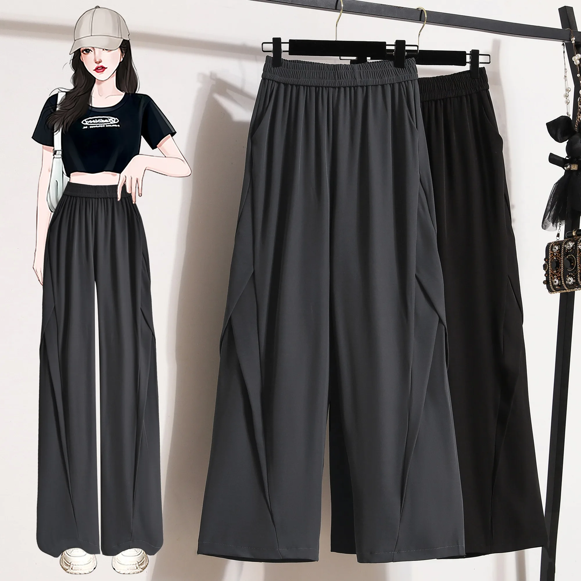 

2024 Women's Summer New Solid Color Casual Pants Female High Waist Wide-leg Pants Ladies Long Loose Straight Trousers C254