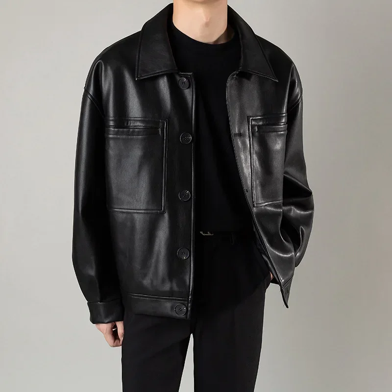 

2023 New Men Designer Brand Streetwear Autumn Light Cooked Men's Trendy Motorcycle PU Coat Casual Leather Jacket