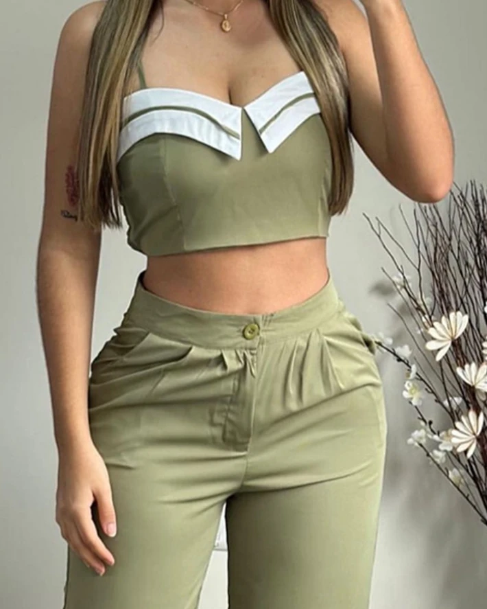 Strap Color Matching V-Neck Short Top and Pleated Pocket Design Pants for Women's Summer Casual Commuting Solid Color Set