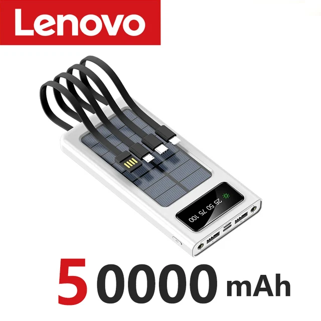 Lenovo 200000mAh Solar Power Bank Built Cables Solar Charger 2 USB Ports External with LED Light Super Fast Charger Power Bank 13