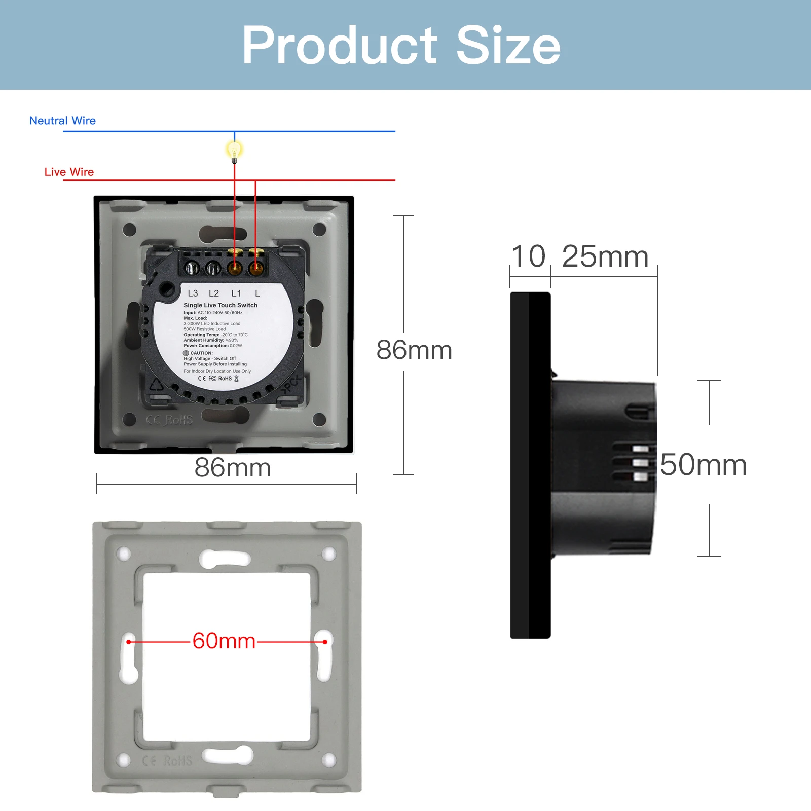 BSEED-Interruptor táctil de pared de 1/2/3 entradas, Panel de cristal con  Sensor de luz de 1 vía, estándar europeo, retroiluminación azul de 220V