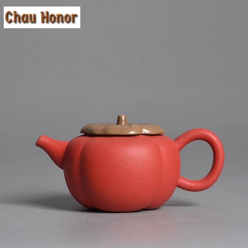 200ml Handmade Vermilion Persimmon Ceramic Teapot Retro Chinese Kung Fu Tea Gold Lid Small Master Pots As Wishes Gift Packaging