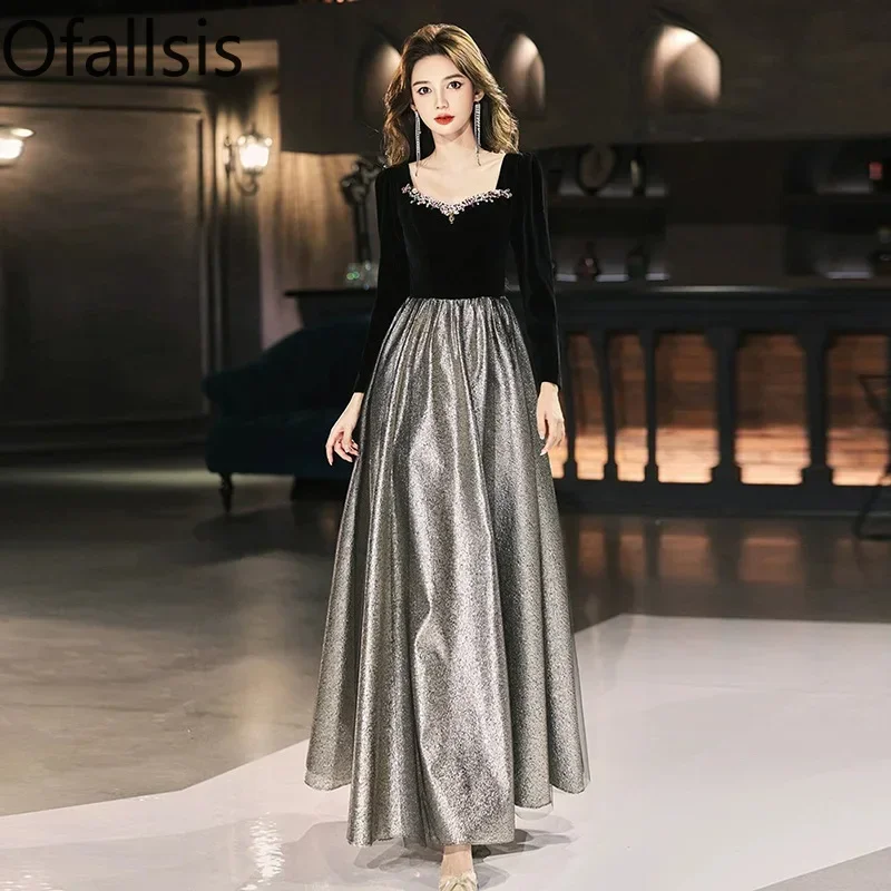 

Ofallsis Black Diamonds Evening Dress 2023 Women's Banquet Elegant Luxurious Light Luxury High end Velvet Long Sleeved Dresses