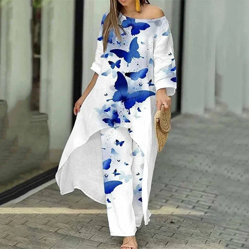 

Spring Autumn Suit Women Print Long Sleeve O-neck Irregular Top And Wide Leg Pant Two Piece Sets Fashion Elegant Casual Suit
