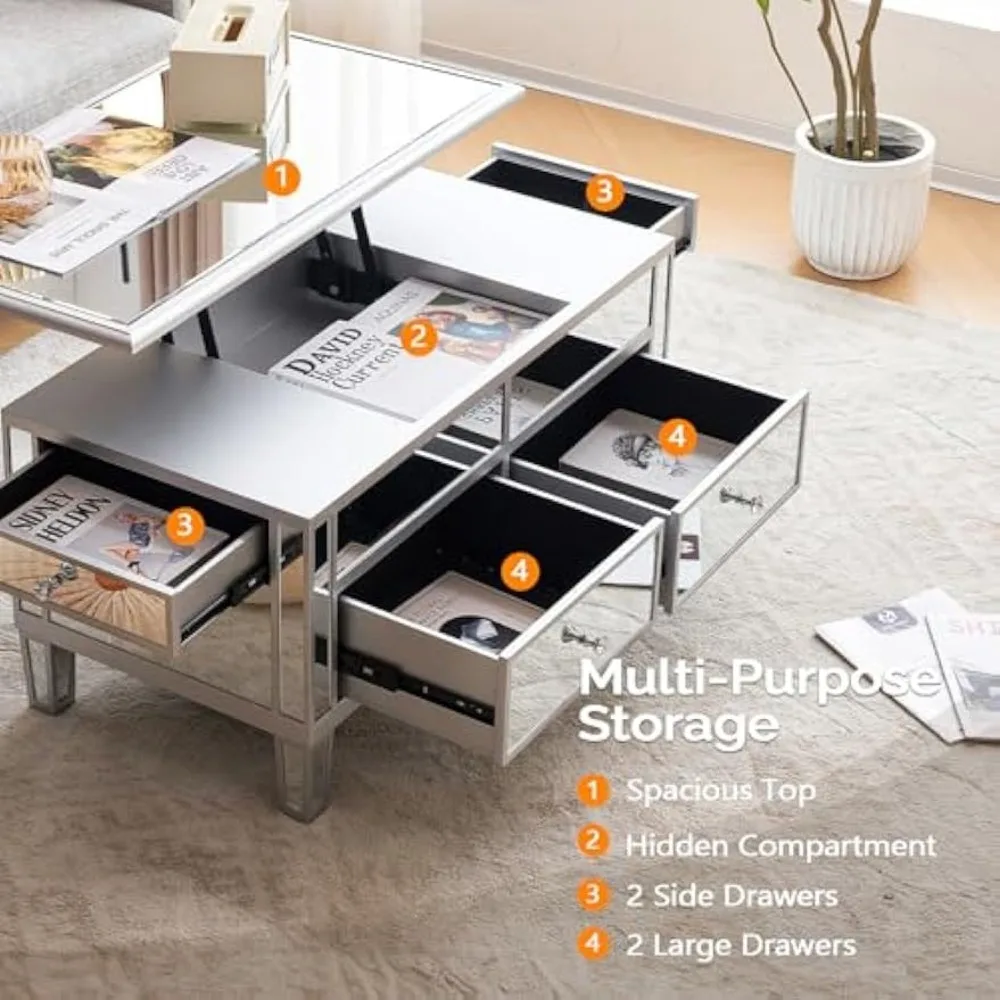 Mirrored Lift Top Coffee Table, Assembled Modern Coffee Table with Drawers for Living Room (Silver, 35'' x 19'' x 18'') 5