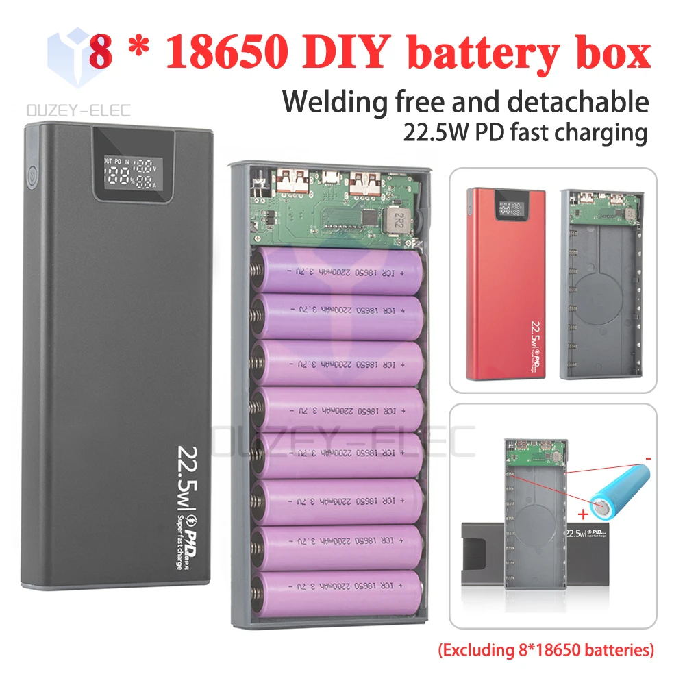 22.5W 8x18650 Battery Case Digital Display Quick Charge Outer Metal shells DIY Power Bank Shell Portable Detachable External Box