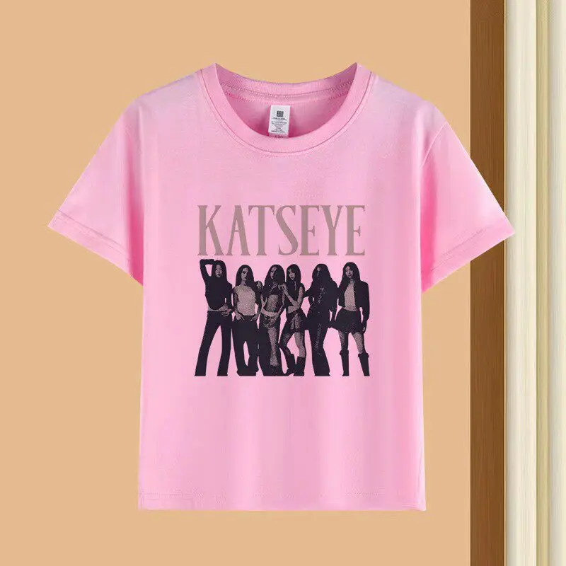 KATSEYE 코리안 웨이브 티셔츠, 라운드넥 스타일, 여아 여름 상의, 반팔, 어린 아이들에게 적합, 선물로도 좋습니다.