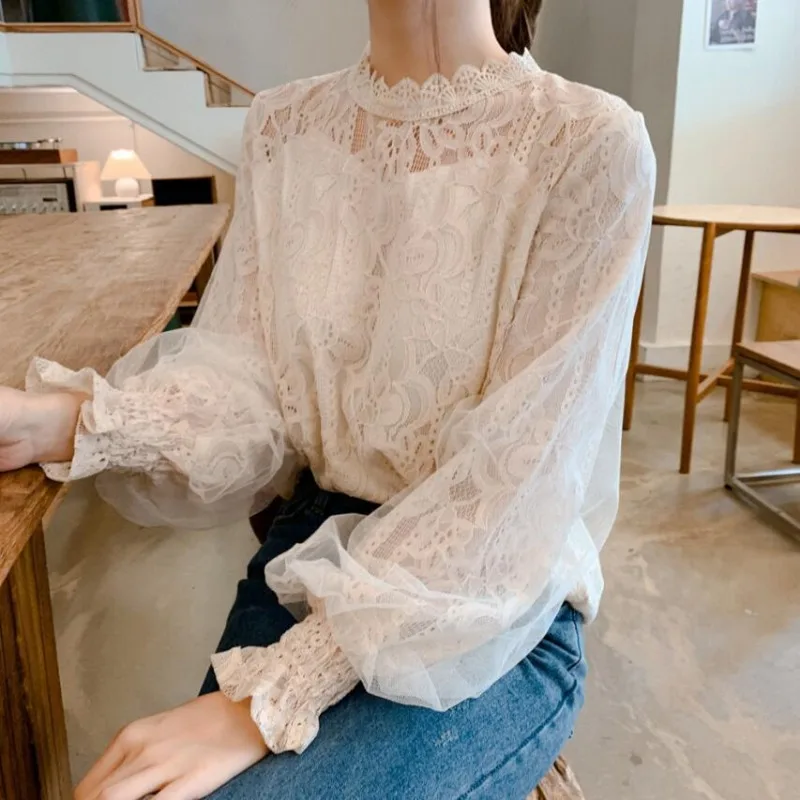 용수철 여성용 화이트 레이스 블라우스 셔츠, 긴팔 블라우스, 할로우 아웃 셔츠, 여성 블라우스 상의
