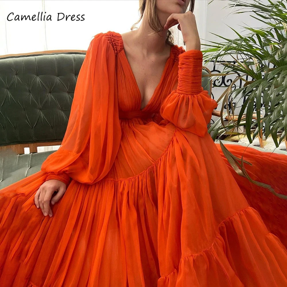 

Demure V-neck A-line Party Dresses Flare Sleeve Pleat Ruffles Evening Dresses Floor-length Open Back Refined Dresses For Women