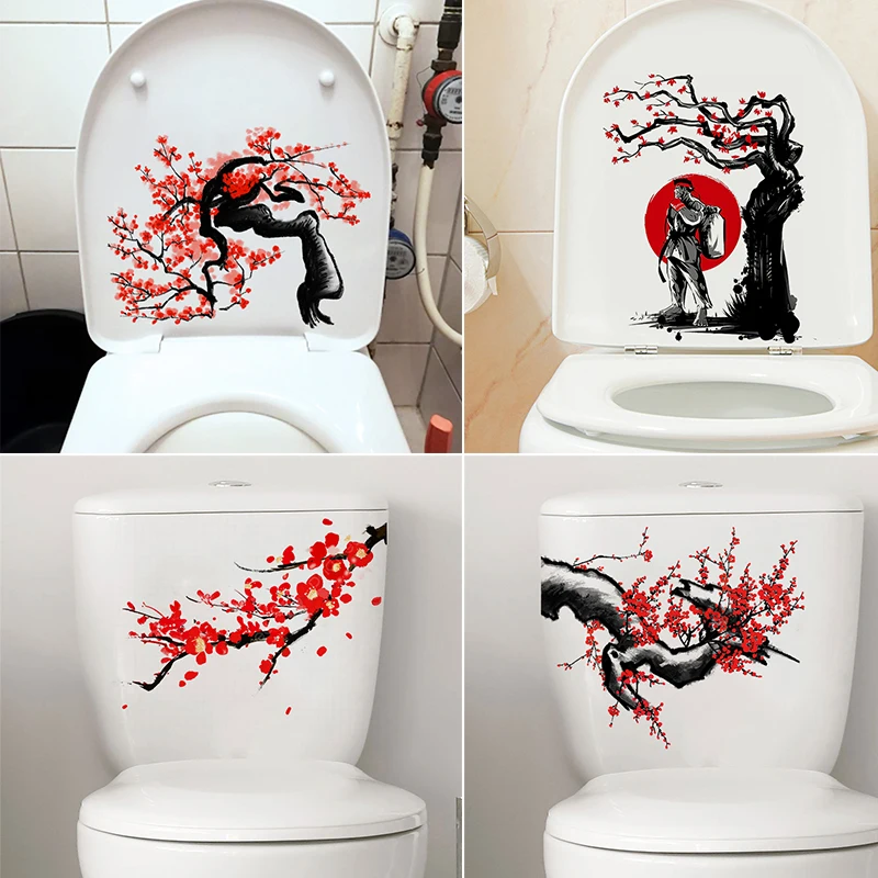 Classical ink Painting Plum Blossom Tree Creative Toilet Stickers Toilet Lid WC Door Sticker Removable Decor Household M712