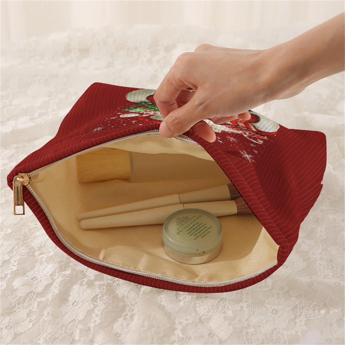 1 Christmas themed corduroy makeup bag, lightweight zipper makeup storage box, multifunctional bag with lining