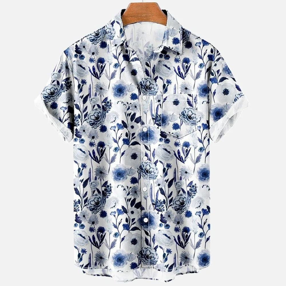 M Men´s DESIGNS FOR HIM Vintage Blue Floral Tribal Hawaiian Shirt