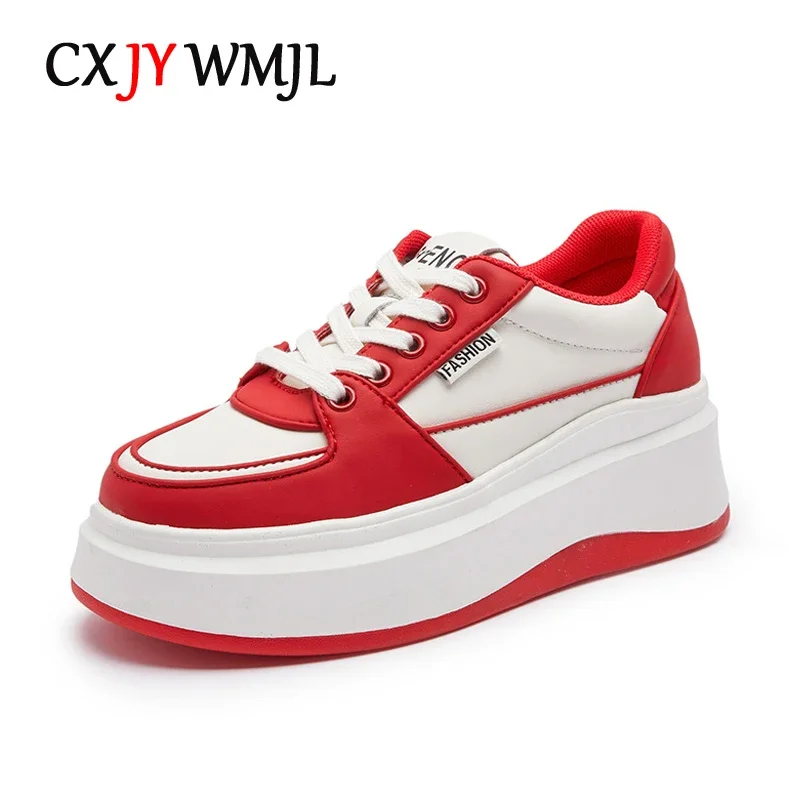 

CXJYWMJL Women Platform Sneakers Genuine Leather Autumn Casual Vulcanized Shoes Ladies Thick Bottom Lace up White Skate Shoes