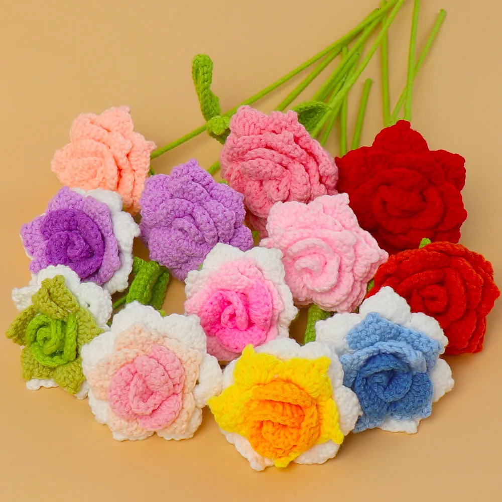 Handmade Crochet Rose Flower Artificial Knitted Floral Bouquet Craft Gift for Home Decor 10pcs crochet kit crochet hooks crochet needles