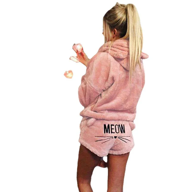 thumbnail image 1 of Conjunto de pijamas de terciopelo de coral para mujer, conjunto de pijamas cálidos para otoño e invierno, conjunto de dos piezas para ropa de dormir, conjunto de pantalones cortos con capucha con patr, 1 of 5
