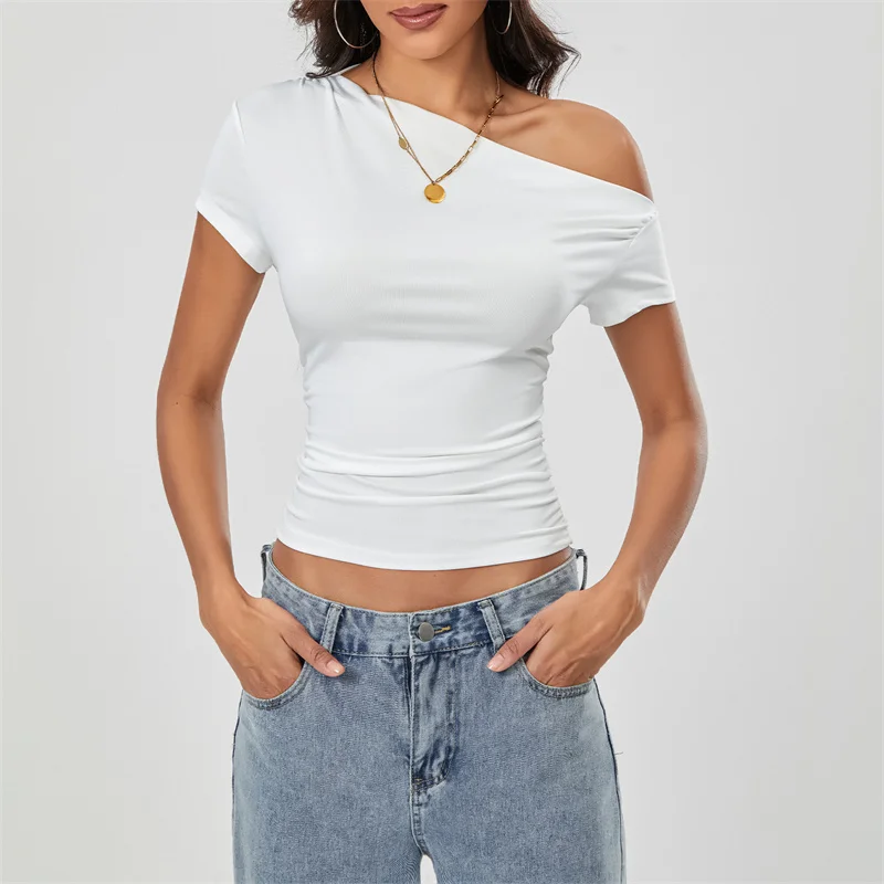 Top corto Y2K para mujer, ropa grunge de verano, camiseta fruncida sin mangas con hombros oblicuos, chaleco, ropa de calle de los años 2000