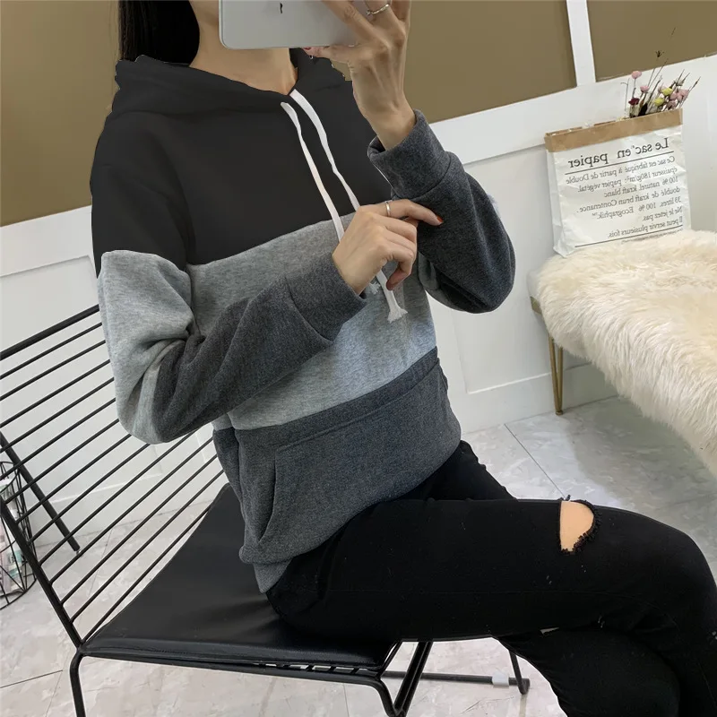 Women Patchwork Long Sleeve Hoodies Solid Loose Straight Tops Fleece For Ladies Girls Streetwear Casual Spring Autumn