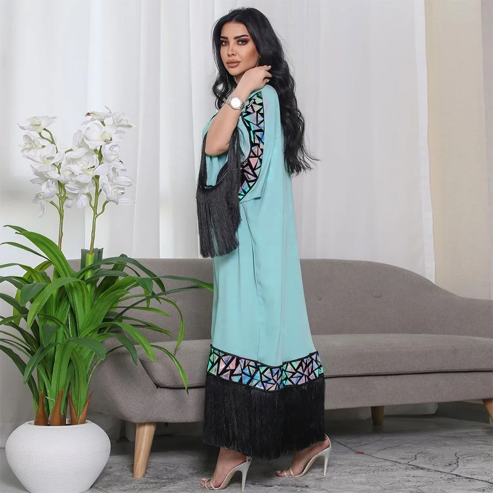 Dubai Abaya Kaftan Tassel Sequins Contrast Color Patchwork Flare Sleeve V-Neck Maxi Clothing Loose Arab Long Dresses